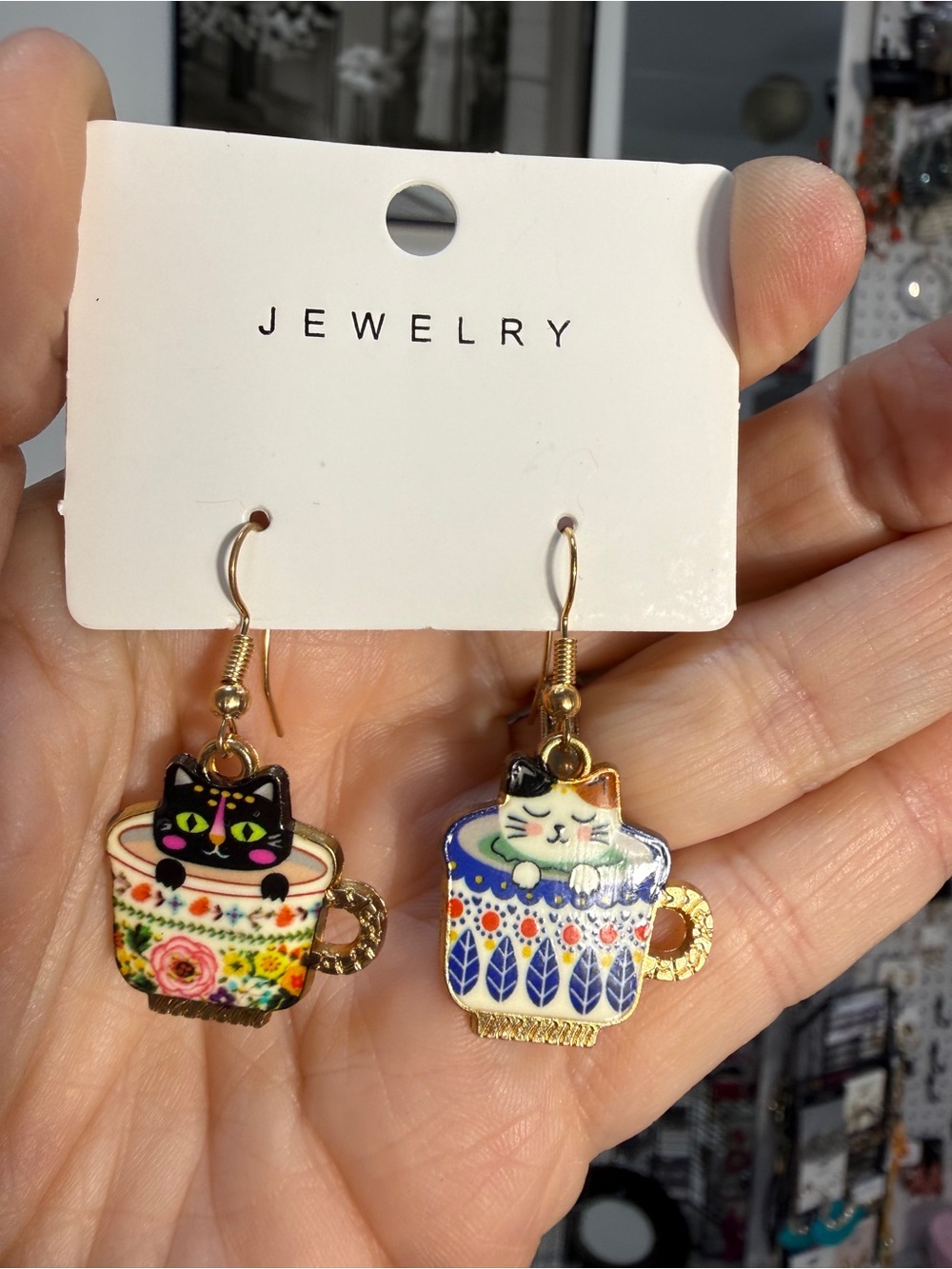 Cute Cat-in-Teacup Gold Dangle Earrings - Multicolor